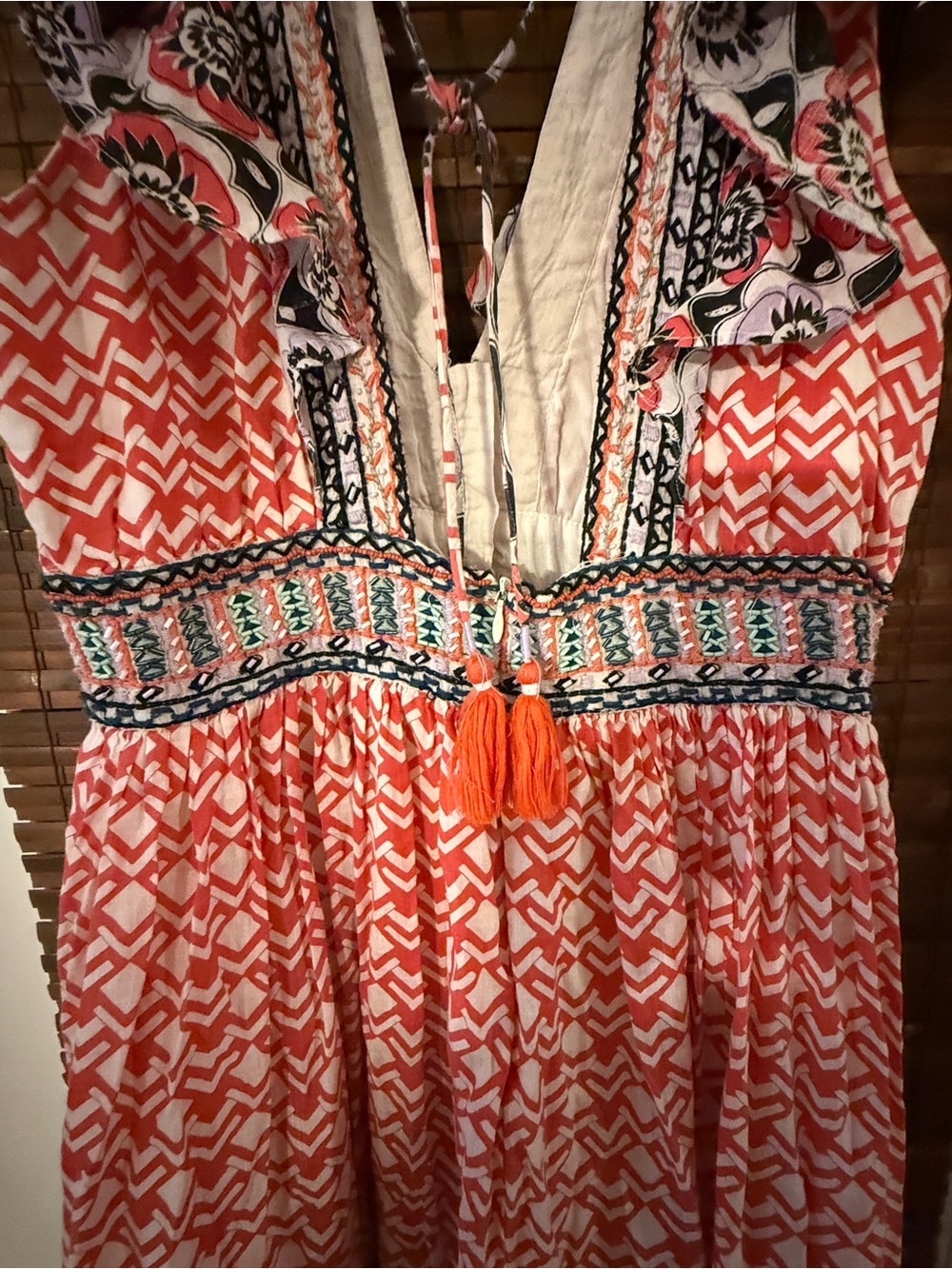 Anthropologie Flutter Printed V-Neck Mini Dress - Coral, Sz 12, guc - Picture 10 of 12